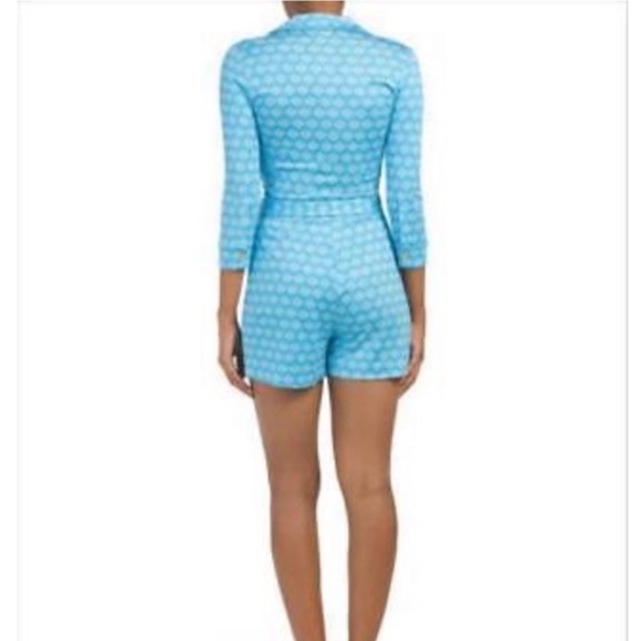 Diane Von Furstenberg Silk Wrap Tie Romper Shorts Celeste Kyoto Aztec Blue 6 - Picture 3 of 8